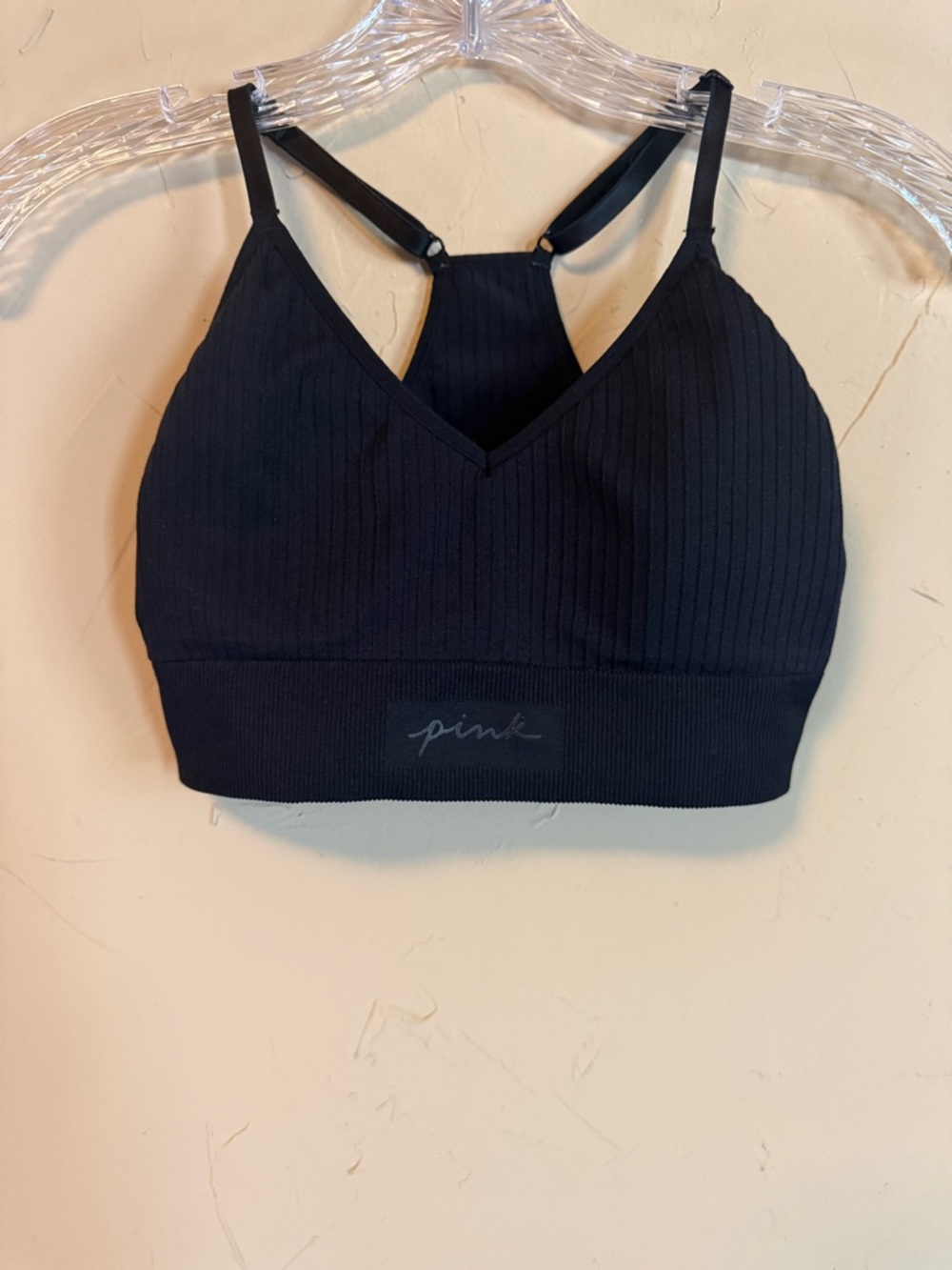 PINK Victoria’s Secret Black Ribbed Seamless Sports Bra Small Yoga Athleisure - Picture 1 of 6
